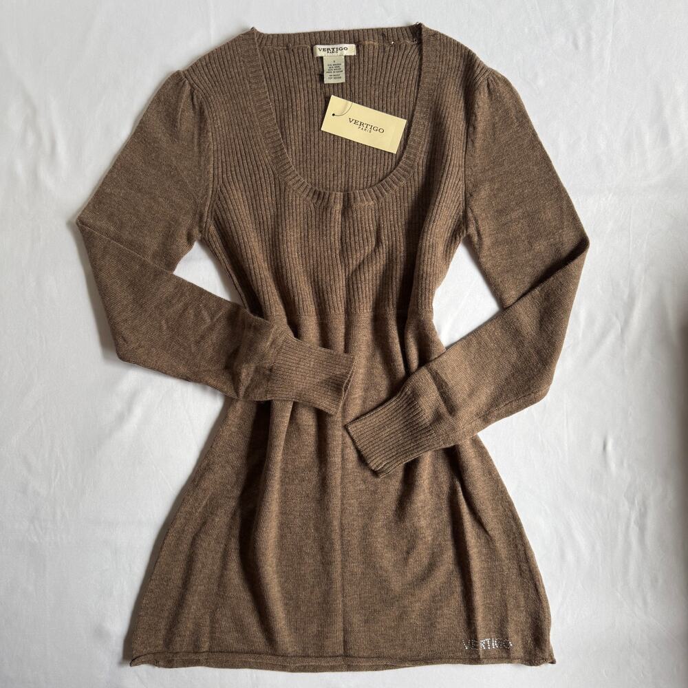 Cocoa Brown Wool Blend Babydoll Tunic Sweater Top Sz Small Deadstock Fitted Y2K